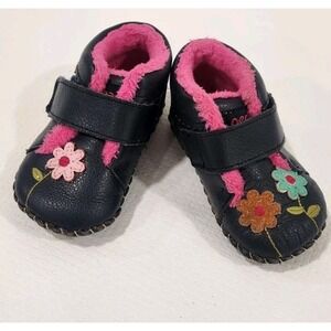 PediPed Leather Navy Blue With Pink/ Flower Infant Shoes Faux Fur Lined   12-18M